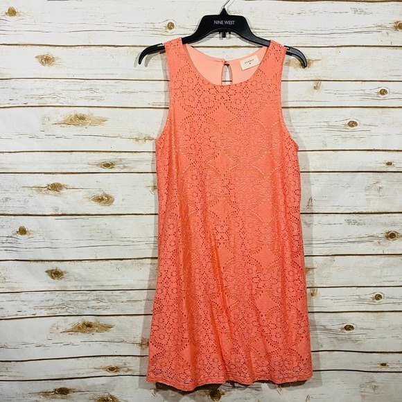 EVERLY Anthropologie Coral Floral Crochet Embroidered Mini Dress Size M - Picture 1 of 8